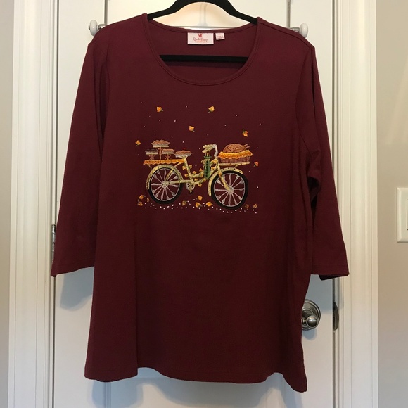 RARE QF maroon 3/4 sleeved top with embroidered fall bicycle scene (XL) - Picture 5 of 16